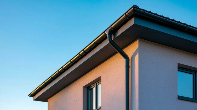 Modern residential roof gutter and downspout system protecting a contemporary home exterior