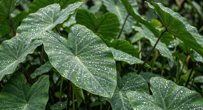 Large green colocasia leaves dotted with fresh rain drops framing a soft natural background