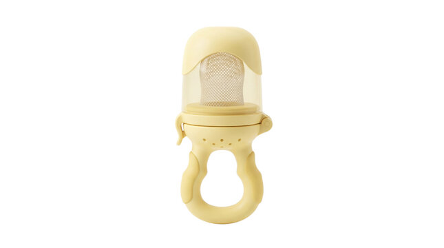 Silicone baby fruit feeder in pastel yellow, infant food pacifier for teething relief, mesh fruit teether on white background