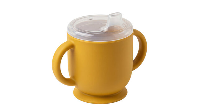 Yellow silicone sippy cup for toddlers, mustard baby training mug with handles, BPA-free infant drinking cup on white background