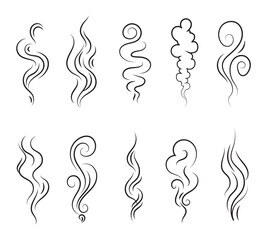 Naklejka premium Smoke steam of coffee with smell line icon set. Hand drawn scent stream and wavy aroma doodle lines. Sketch hot vapor steam with smell and cooking fragrance