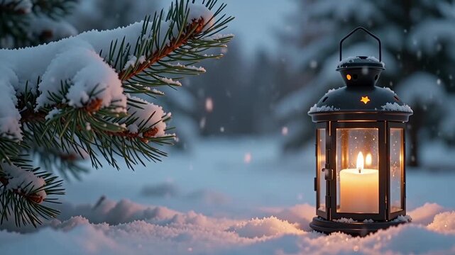 Banner view snowy pine branch left lantern candle, cinematic lighting, shallow depth field, bokeh background, copy space