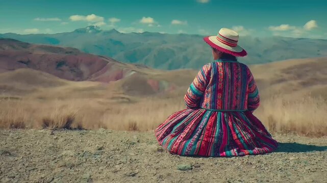 A vivid portrayal of a person seated on a rocky outcrop, overlooking a vast landscape. The person wears a colorful, patterned dress and a widebrimmed hat. The dress is predominantly red, blue, and.