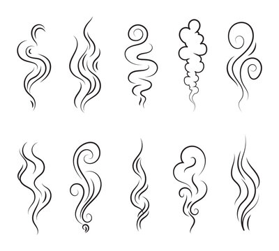 Smoke steam of coffee with smell line icon set. Hand drawn scent stream and wavy aroma doodle lines. Sketch hot vapor steam with smell and cooking fragrance