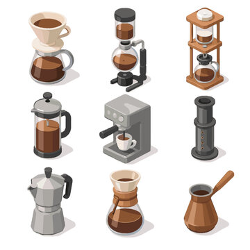 Isometric vector french tower icon espresso moka brewing icons carafe press brew