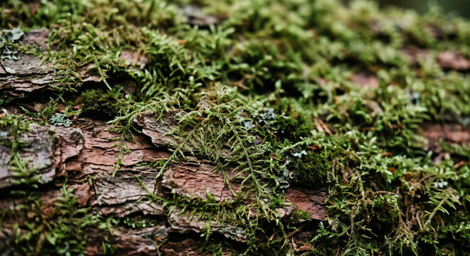 Fine green moss threads creeping across the rough textured bark of an old cedar log
