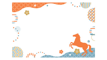 Fototapeta premium Japanese style frame with orange horse silhouette, floral patterns, and geometric circles in blue and orange colors on a white background