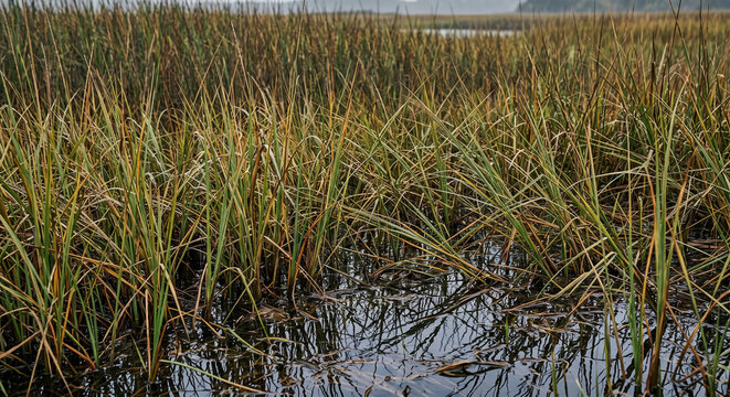 Still dark water reflecting the sky beneath a dense field of golden marsh grass