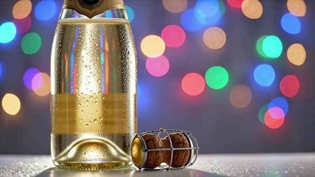 Close up bottle champagne open cork resting beside con, cinematic lighting, shallow depth field, bokeh background, copy space