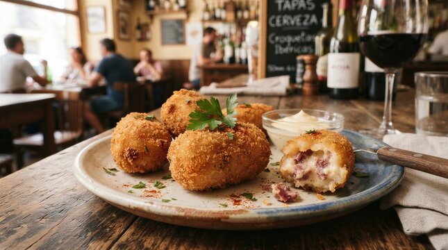 Breaded croquettes served on plate in tapas bar interior