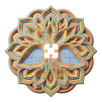 Layered paper cut mandala flower with missing puzzle piece in center on transparent background. Emotional burnout and incomplete self concept for mental wellness and healing