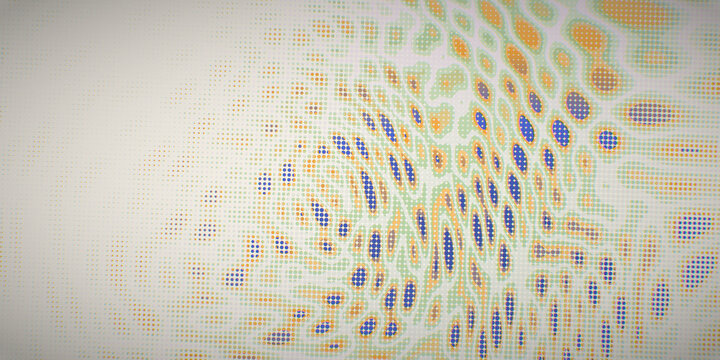 A halftone dot raster overlays organic plasma waves in yellow, orange, and green for a bold science title background.