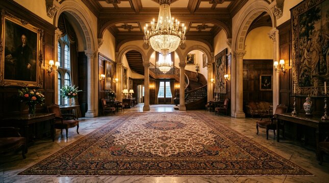 Grand entry hall with crystal chandelier and ornate persian rug