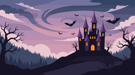 Fototapeta premium Spooky haunted castle silhouette with bats flying at dusk