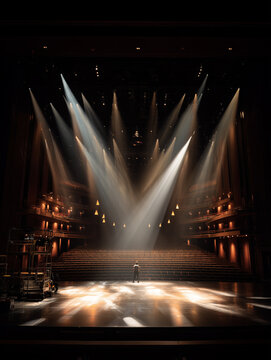Person standing on empty theater stage with spotlights
