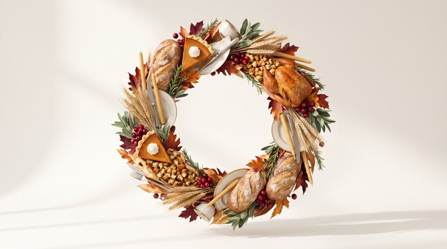 Wreath of turkey, pie and bread for Thanksgiving