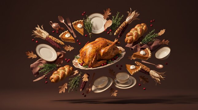 Thanksgiving dishes arranged in a radial pattern around a turkey