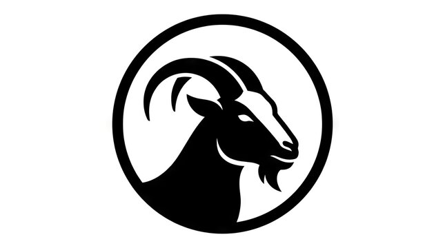 Black circular goat head silhouette icon on white background.