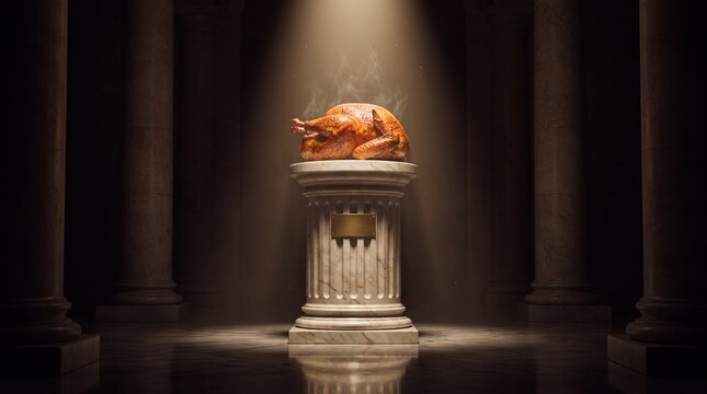 Roast turkey displayed on a marble pedestal for Thanksgiving