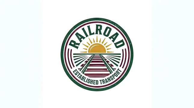 Circular vintage railroad transport emblem with sunrise tracks.