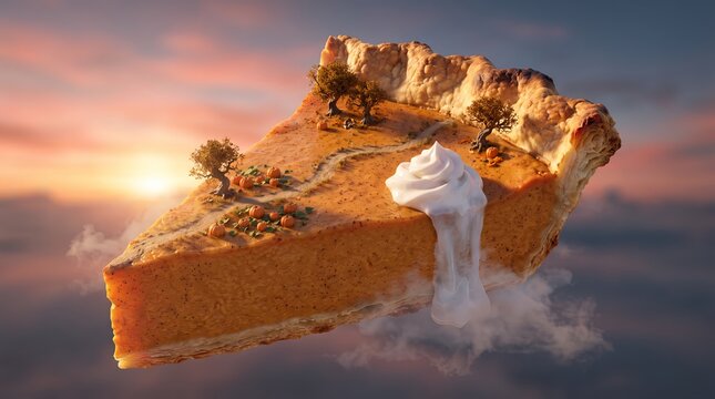 Pumpkin pie slice shaped like a miniature Thanksgiving landscape