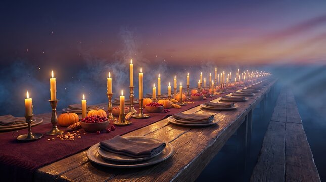 Endless Thanksgiving banquet table stretching into misty clouds