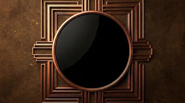 Copper Art Deco circular frame with geometric patterns.