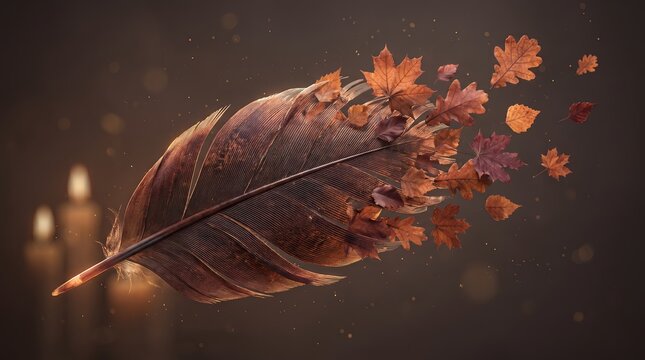 Turkey feather transforming into flying leaves for Thanksgiving