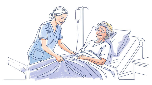 Continuous Line Art Nurse Tucking Elderly Woman into Hospital Bed, Compassionate Patient Care Vector Illustration