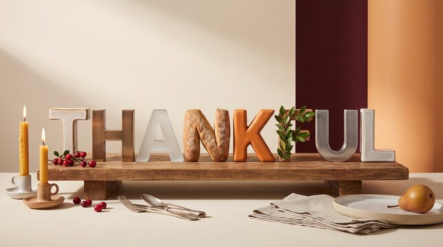 Thankful lettering displayed with bread and candles for Thanksgiving