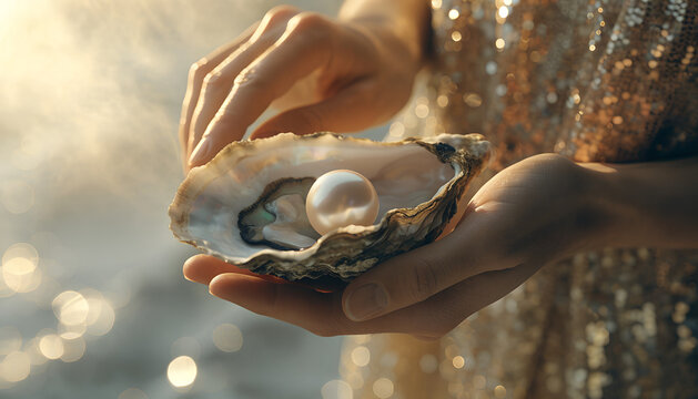 Elegant natural pearl nestled inside an open oyster shell, gently held in human hands above shimmering seawater, creating a luxurious marine scene symbolizing beauty, nature, rarity and hidden treasur