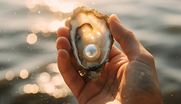 Elegant natural pearl nestled inside an open oyster shell, gently held in human hands above shimmering seawater, creating a luxurious marine scene symbolizing beauty, nature, rarity and hidden treasur
