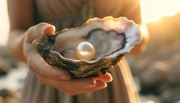 Elegant natural pearl nestled inside an open oyster shell, gently held in human hands above shimmering seawater, creating a luxurious marine scene symbolizing beauty, nature, rarity and hidden treasur