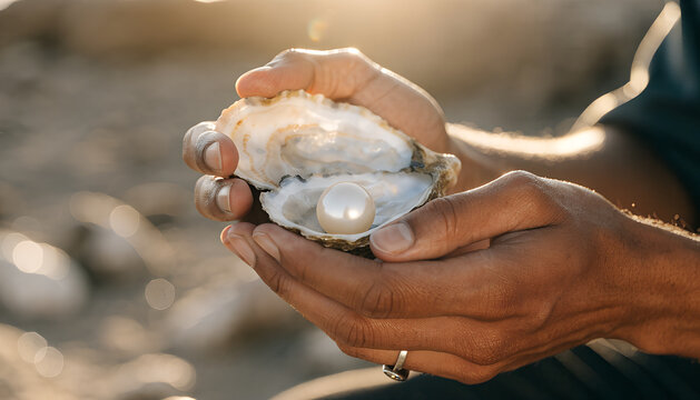 Elegant natural pearl nestled inside an open oyster shell, gently held in human hands above shimmering seawater, creating a luxurious marine scene symbolizing beauty, nature, rarity and hidden treasur