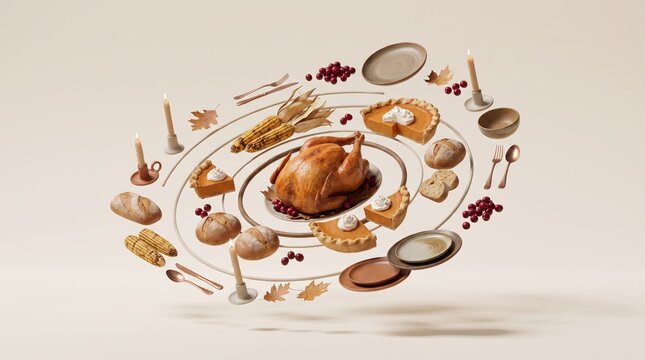 Thanksgiving turkey and tableware orbiting in rings