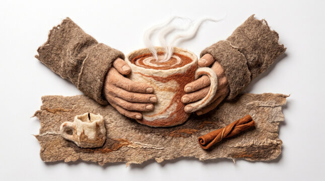 Cozy hands holding a steaming cup of pumpkin spice drink on fabric  
