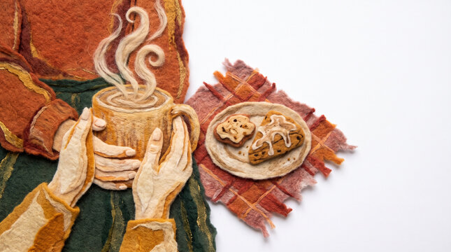 Hands holding a steaming mug with cookies on a plate beside  