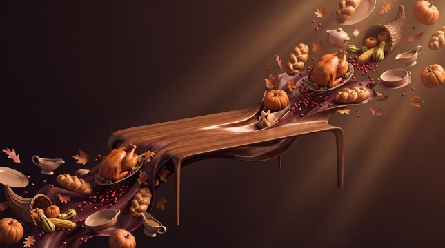 Thanksgiving turkey and cornucopia melting into a wooden table
