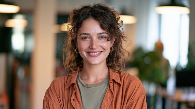Friendly young woman portrait in a modern office conveying confidence and professionalism
