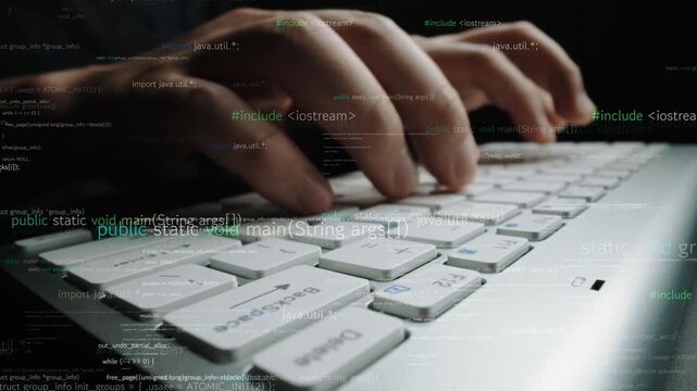 Close-up of hands typing on a keyboard with a digital code overlay, capturing the essence of modern programming and software development in a tech-savvy environment. Xenic