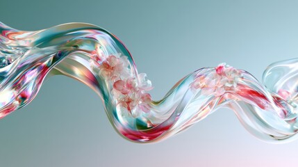 Obraz premium Abstract flowing glass ribbon with pastel blossoms and iridescent waves in soft studio lighting