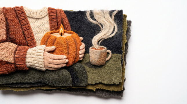 Cozy autumn scene with pumpkin spice candle and steaming cup  