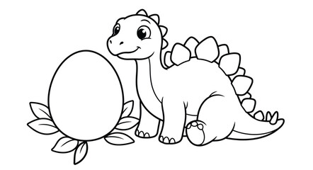 Cute baby stegosaurus dinosaur sitting next to a large egg in a nest for children coloring book page © MDABDUS