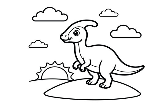 Cute cartoon parasaurolophus dinosaur standing on a hill with a rising sun and fluffy clouds for coloring page