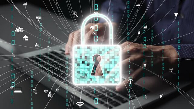 This image captures the essence of digital security, showcasing a padlock symbol over hands typing on a laptop, representing themes of cyber security and data protection in technology. Xenic