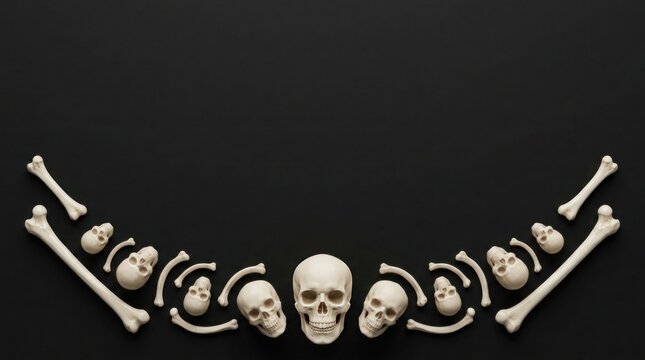 Arrangement of human skulls and bones forming a symmetrical pattern on a dark background
