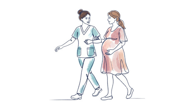 Continuous Line Art Female Nurse Helping Pregnant Woman Walk, Maternal Healthcare Vector Illustration
