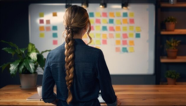 Professional woman standing before a whiteboard covered in colorful adhesive notes in a modern office
