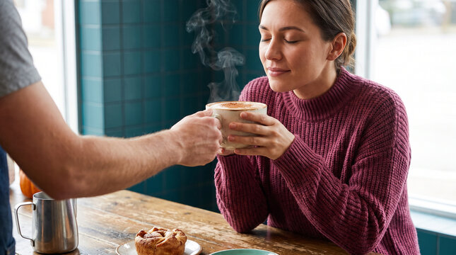 Young woman enjoying a warm cup of pumpkin spice drink in cafe  