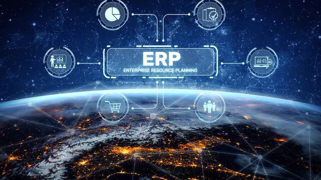ERP platform visual showing centralized system for enterprise resource planning, improving integration, data flow, business efficiency, finance, inventory, and human resources. Muxer